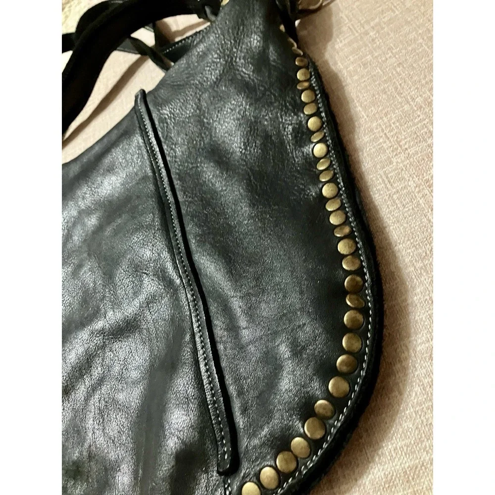 Bolsa Nova Anna Hobo Italian Black Washed Supple Leather Studded Shoulder Bag